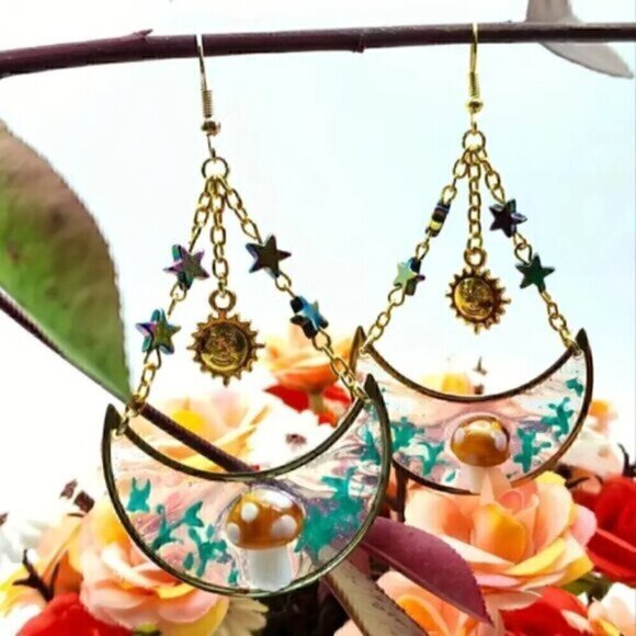 Drop Gold Plated Earrings Sun, Moon And Star Design - Picture 2 of 6